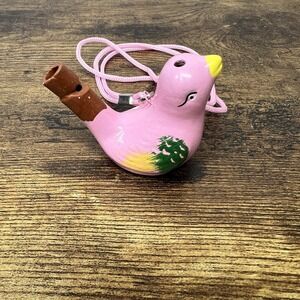 Ceramic Bird Whistle Pink Folk Art Ocarina Necklace Green Yelllow